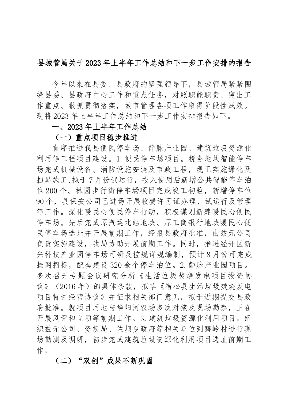 县城管局2023年上半年工作总结和下一步工作安排的报告_第1页