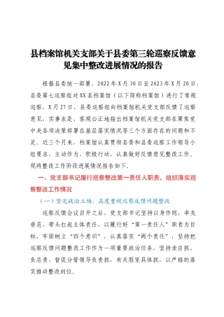 县档案馆机关支部关于县委第三轮巡察反馈意见集中整改进展情况的报告