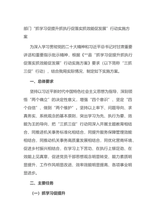部门“抓学习促提升抓执行促落实抓效能促发展”行动实施方案（三抓三促）