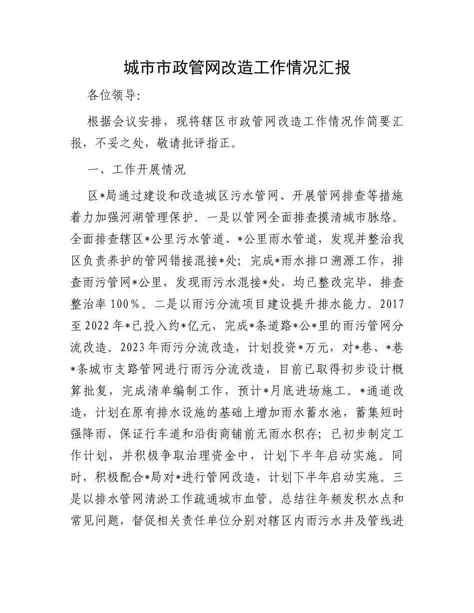 城市市政管网改造工作情况汇报_第1页