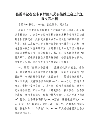 县委书记在全市乡村振兴局实施推进会上的汇报发言材料