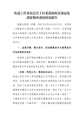 街道工作委员会关于区委巡察组反馈意见巡察整改进展情况报告
