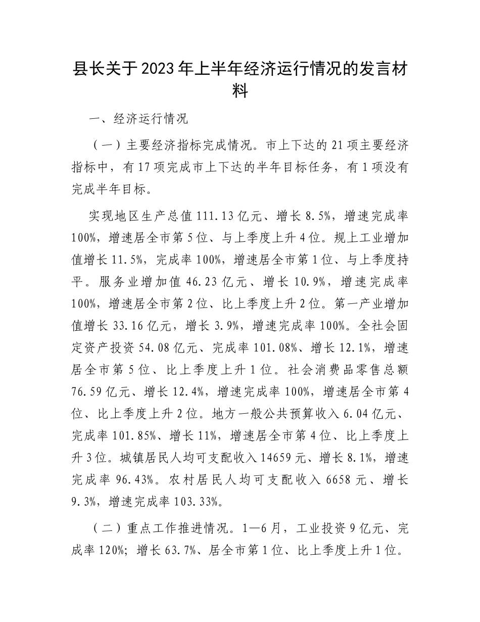 县长关于2023年上半年经济运行情况的发言材料_第1页