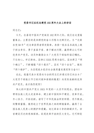 党委书记在纪念建党102周年大会上的讲话