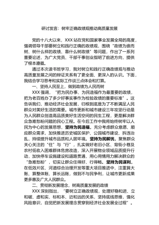 研讨发言：树牢正确政绩观推动高质量发展