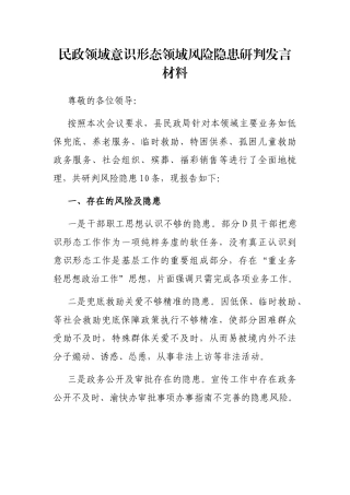 民政领域意识形态领域风险隐患研判发言材料