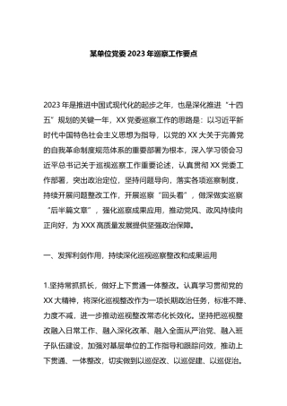 某单位党委2023年巡察工作要点