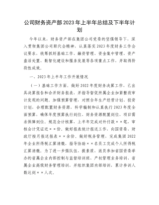 公司财务资产部2023年上半年总结及下半年计划