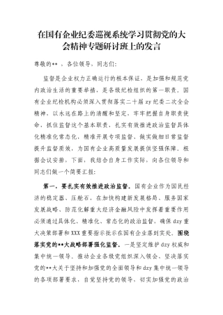 在国有企业纪委巡视系统学习贯彻党的大会精神专题研讨班上的发言