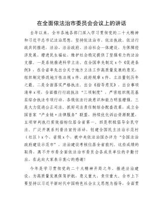 在全面依法治市委员会会议上的讲话