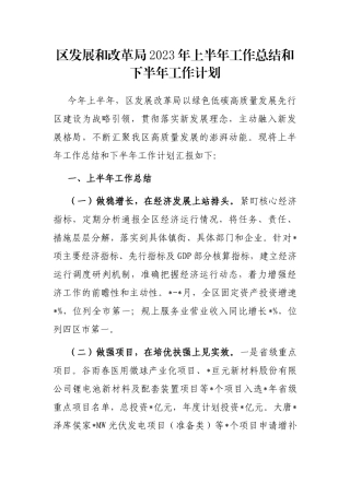 区发展和改革局2023年上半年工作总结和下半年工作计划