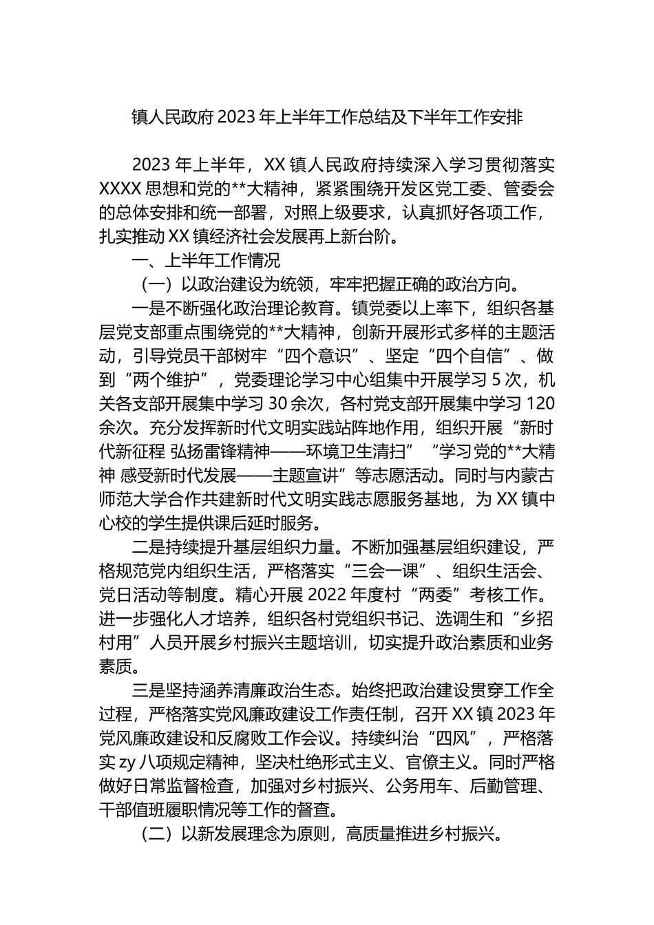 镇人民政府2023年上半年工作总结及下半年工作安排（计划）_第1页