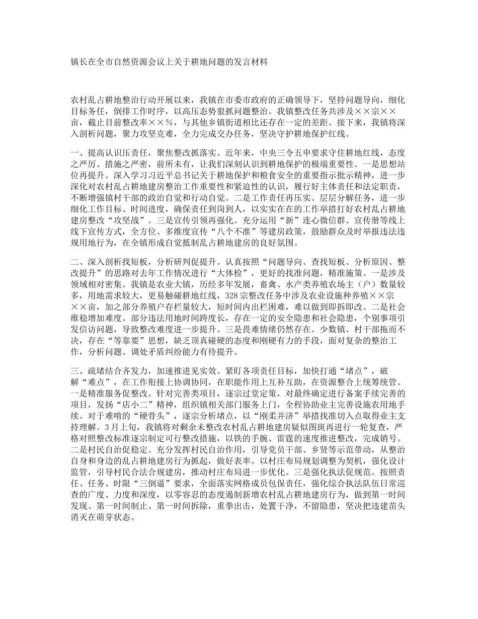 镇长在全市自然资源会议上关于耕地问题的发言材料_第1页