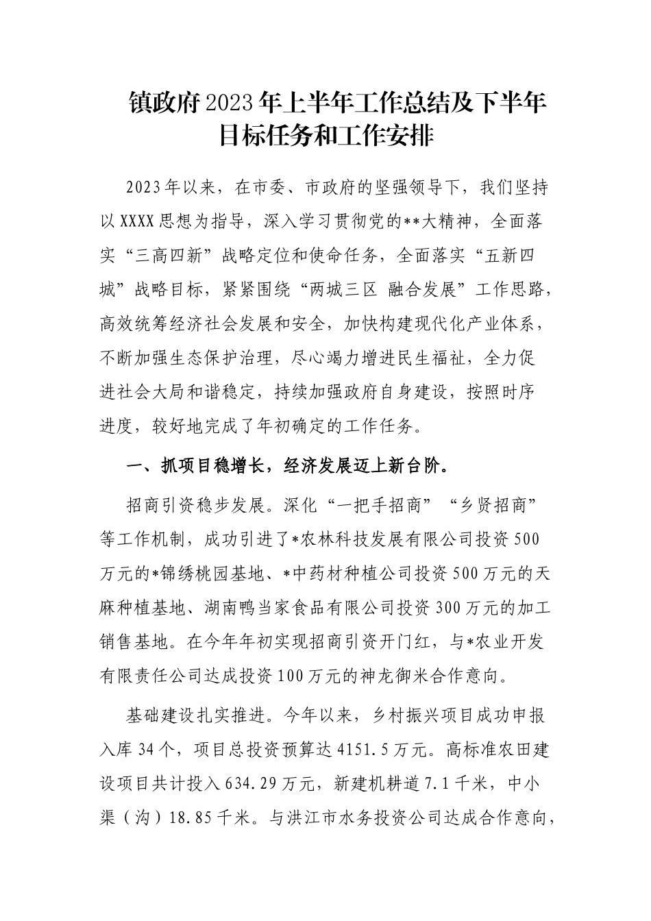 镇政府2023年上半年工作总结及下半年目标任务和工作安排_第1页