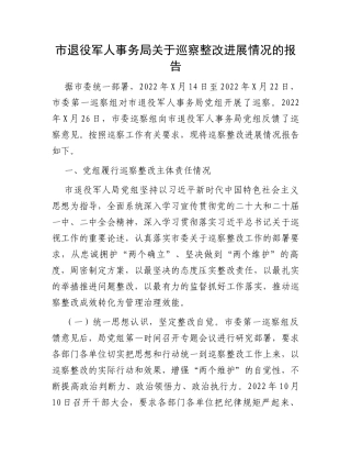 市退役军人事务局关于巡察整改进展情况的报告