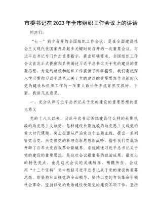市委书记在2023年全市组织工作会议上的讲话