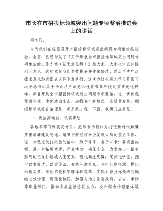 市长在市招投标领域突出问题专项整治推进会上的讲话