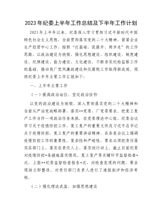 2023年纪委上半年工作总结及下半年工作计划