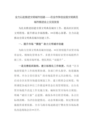 全力以赴推进文明城市创建——在全市争创全国文明典范城市推进会上交流发言(1)