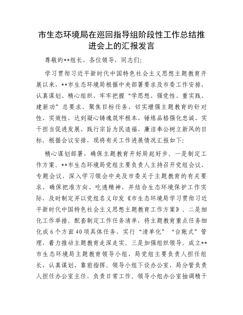 市生态环境局在巡回指导组阶段性工作总结推进会上的汇报发言_第1页