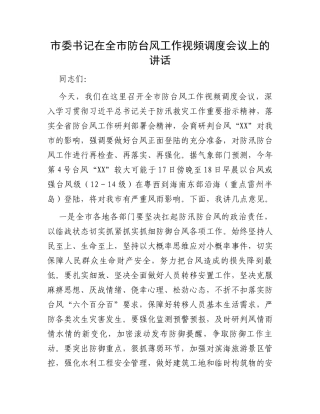 市委书记在全市防台风工作视频调度会议上的讲话