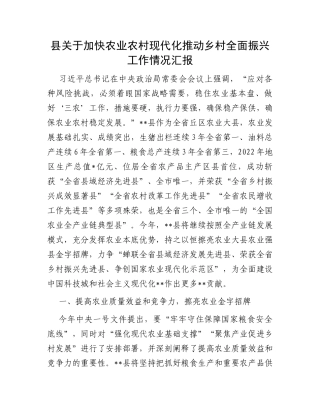 县关于加快农业农村现代化推动乡村全面振兴工作情况汇报