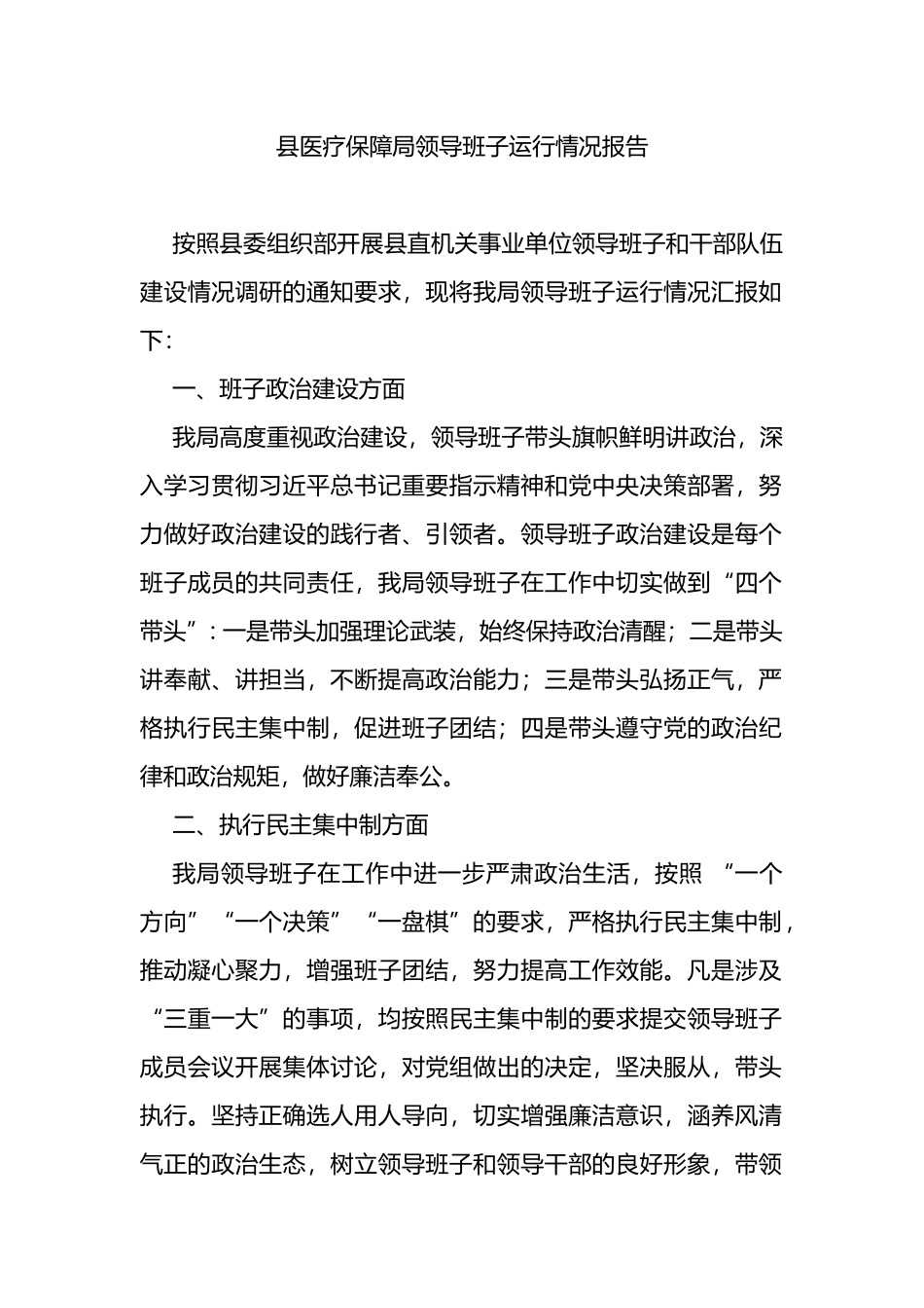 县医疗保障局领导班子运行情况报告_第1页