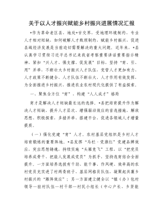 关于以人才振兴赋能乡村振兴进展情况汇报