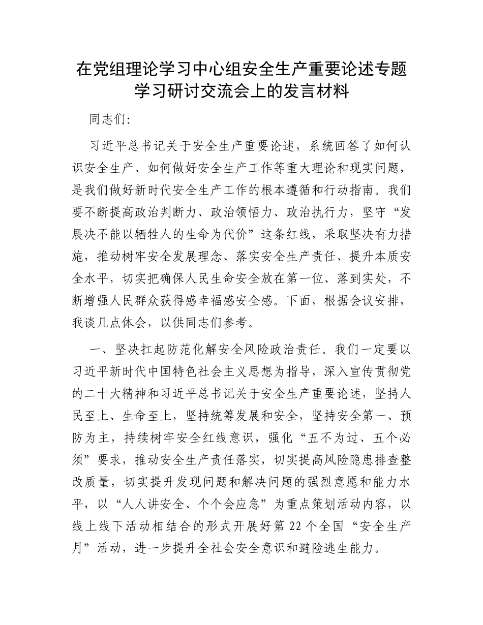 在党组理论学习中心组安全生产重要论述专题学习研讨交流会上的发言材料_第1页