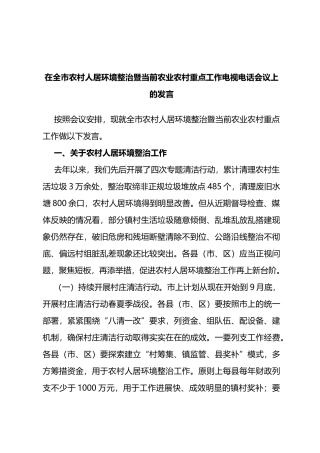 在全市农村人居环境整治暨当前农业农村重点工作电视电话会议上的发言