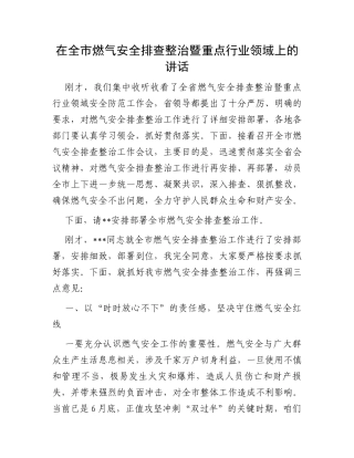 在全市燃气安全排查整治暨重点行业领域上的讲话
