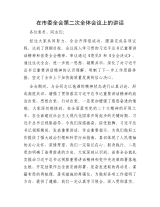 在市委全会第二次全体会议上的讲话
