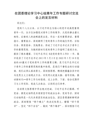 在团委理论学习中心组青年工作专题研讨交流会上的发言材料