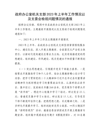 政府办公室机关支部2023年上半年工作情况以及支委会检视问题情况的通报