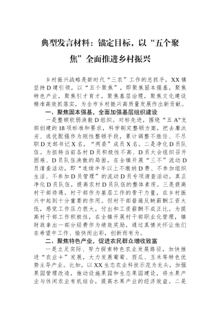 典型发言材料：锚定目标，以“五个聚焦”全面推进乡村振兴