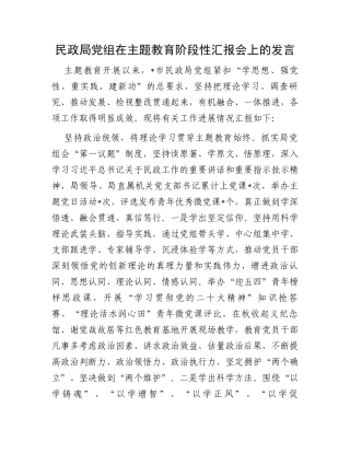 民政局党组在主题教育阶段性汇报会上的发言