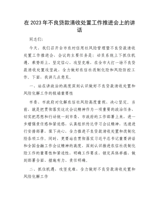 在2023年不良贷款清收处置工作推进会上的讲话