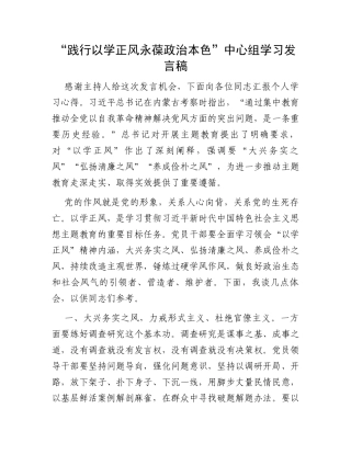 “践行以学正风永葆政治本色”中心组学习发言稿