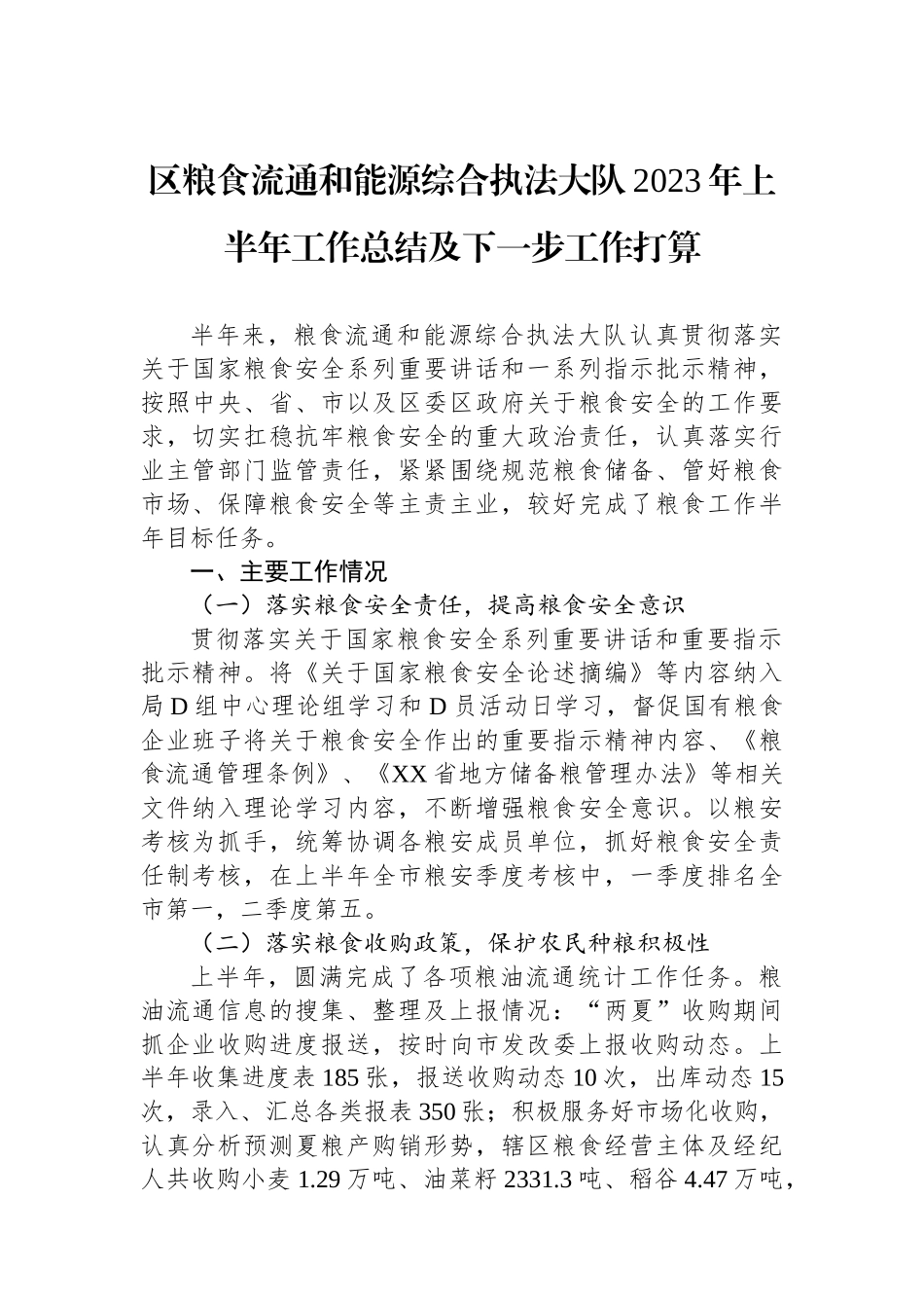 区粮食流通和能源综合执法大队2023年上半年工作总结及下一步工作打算_第1页