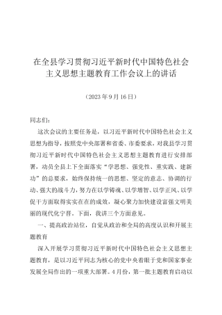 全县主题教育动员会讲话（原创）