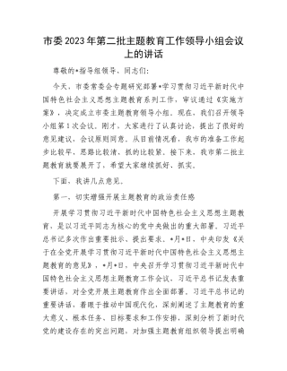 市委2023年第二批主题教育工作领导小组会议上的讲话