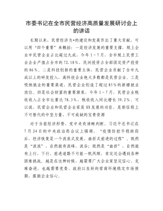 市委书记在全市民营经济高质量发展研讨会上的讲话