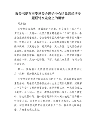 市委书记在市委常委会理论中心组民营经济专题研讨交流会上的讲话