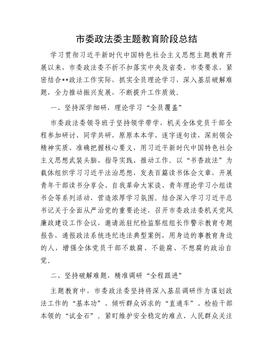 市委政法委主题教育阶段总结_第1页