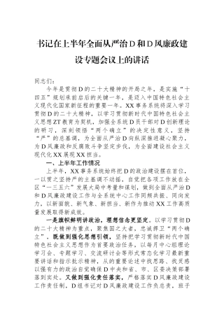 书记在上半年全面从严治党和党风廉政建设专题会议上的讲话