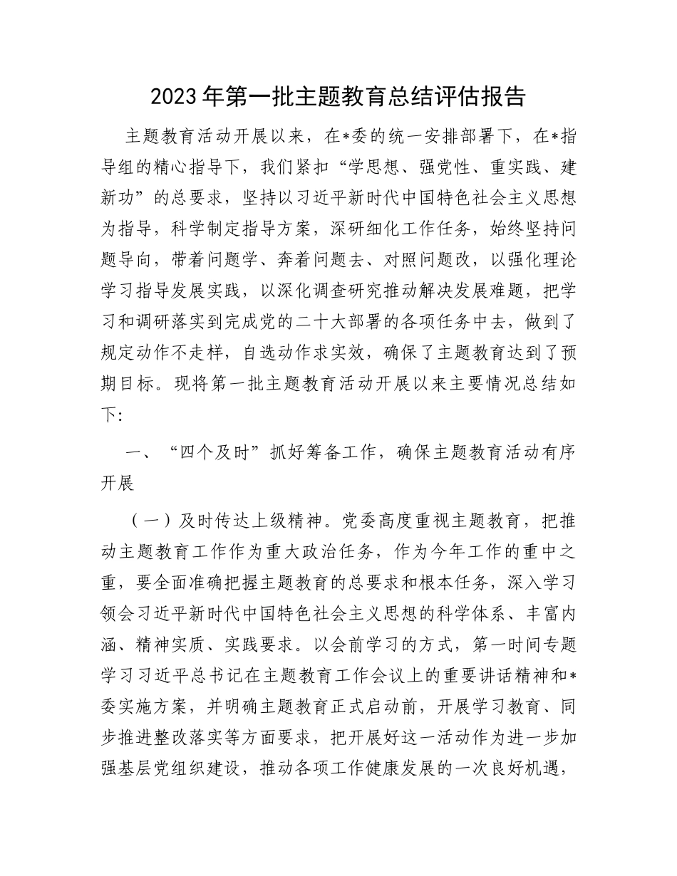 2023年第一批主题教育总结评估报告_第1页