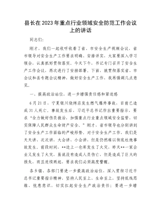 县长在2023年重点行业领域安全防范工作会议上的讲话