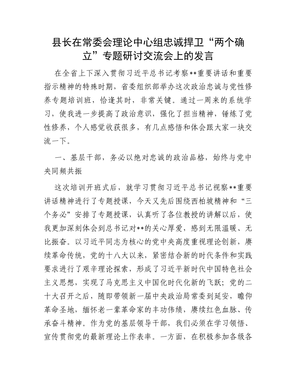 县长在常委会理论中心组忠诚捍卫“两个确立”专题研讨交流会上的发言_第1页