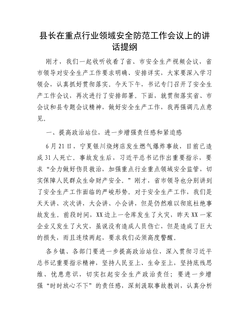 县长在重点行业领域安全防范工作会议上的讲话提纲_第1页