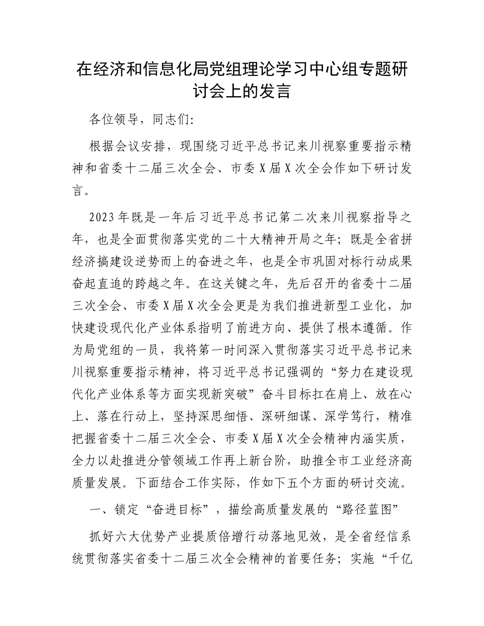 在经济和信息化局党组理论学习中心组专题研讨会上的发言_第1页